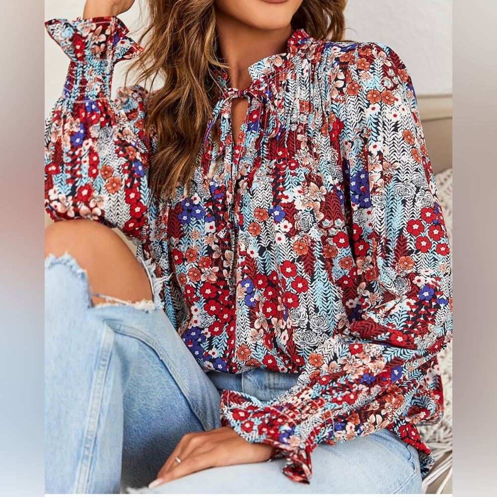 Dokotoo - Red, Blue, White Floral Print Women’s Blouse - Picture 2 of 9